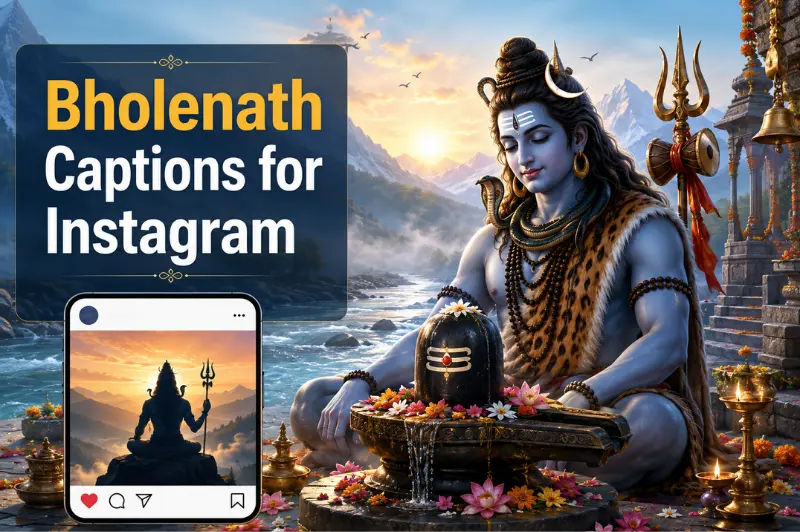 bholenath captions for instagram with lord shiva, shivling and a devotional social media post.